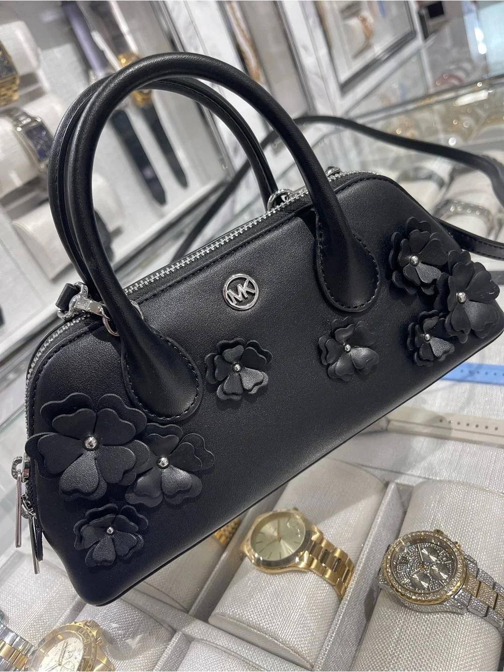 Michael Kors Petra Small Floral Embellished Crossbody Bag Black  NWT